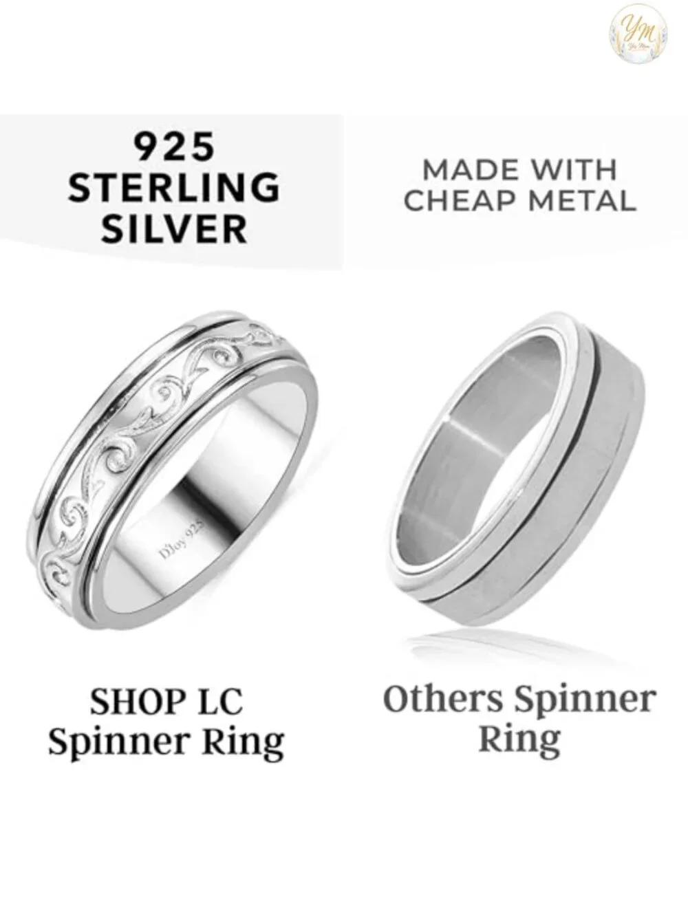 925 Sterling Silver Spinner Ring for Anxiety Stress Relief Women Boho Platinum